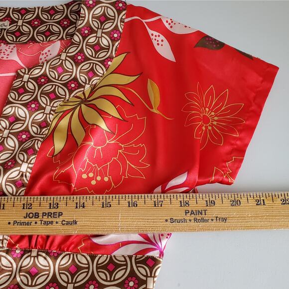 Y2K Women Red Floral Satin Asian Kimono Top M Babydoll Romantic Tattoo Twee VTG - Picture 6 of 9